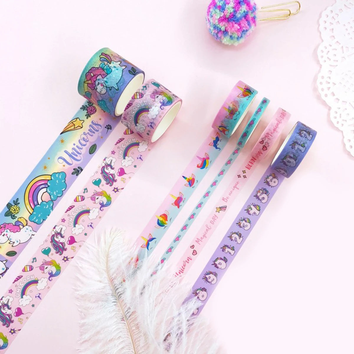 6-Volume Unicorn and Washi Tape Set, Cartoon Decorative Tape, for Journals and Planners, DIY Stationery, Handmade Gifts