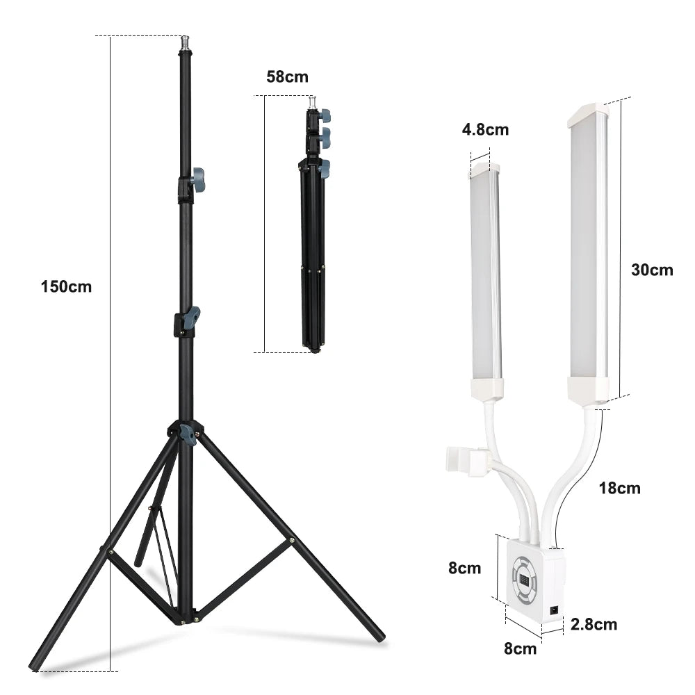 HDSNH LED Video Light 40W Double Arms Beauty Light with Phone Holders Adjustable Tripod Dimmable 3200-5600K for Makeup Manicure