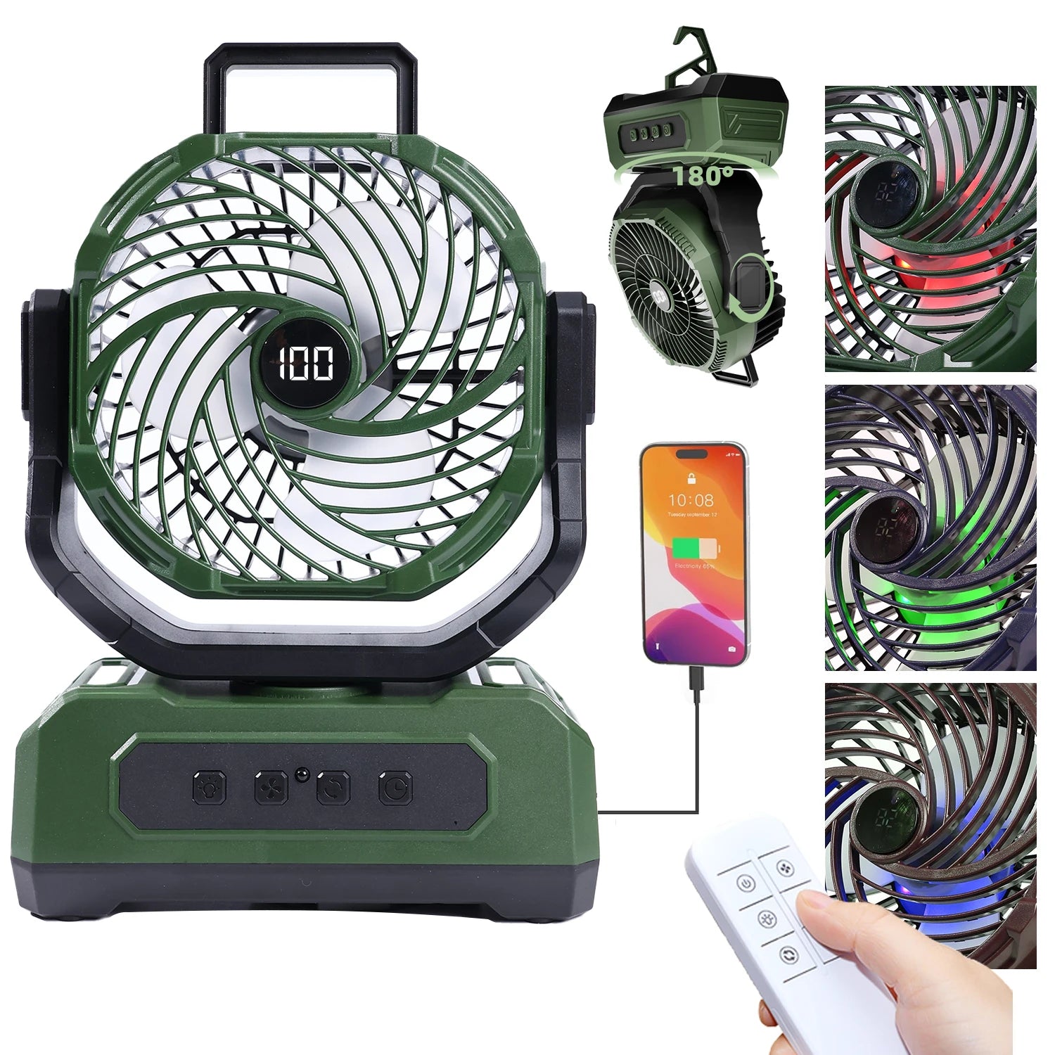 30000mAh Portable Camping Fan with RGB Lantern, Rechargeable Battery Powered Oscillating 4 Wind Speeds LED Display, Remote Control Timer Tent Beach Cordless USB Fans for Travel Home Outdoor, Green
