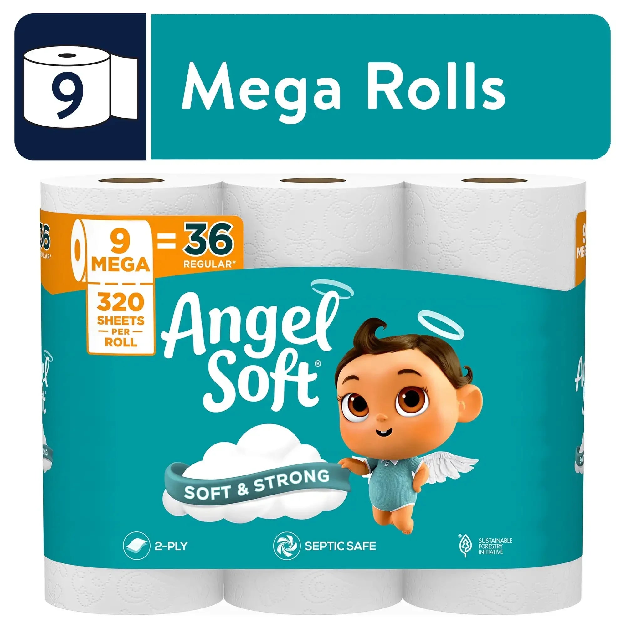 HOT-Angel Soft 2-Ply Toilet Paper, 9 Mega Rolls, 320 Sheets per Roll