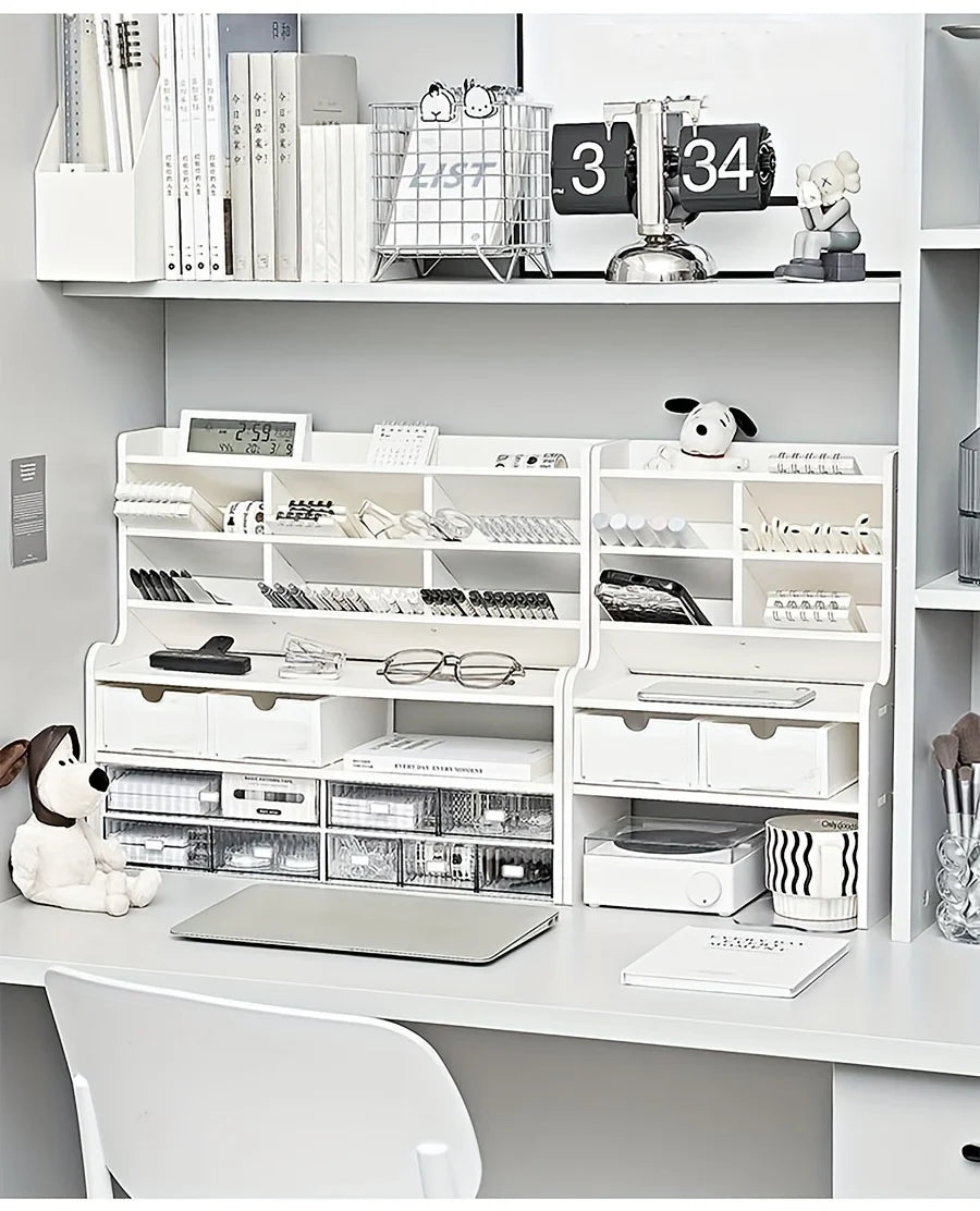 1PC 2-Tier Desk Organizer & Drawer Storage|With Tilt Pen Holder, Raised Bookshelf |Matte White PVC For Stationery, Cosmetics, O
