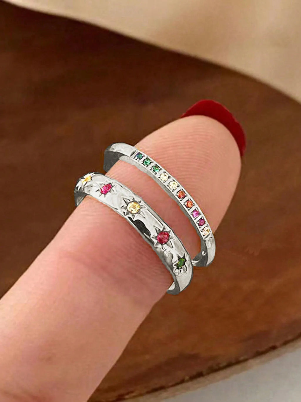 2pcs/Set Colorful Cubic Zirconia Gold-Tone Waterproof Star Rings Set, Jewelry Gift  double rings for friend  jewelry Y2k fashion