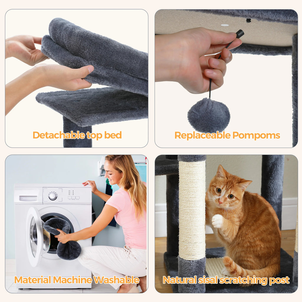 Multi-Level Cat Tree with Scratching Post Hammock Large Perches Hanging Balls Tall Cat Tower for Indoor Spacious Cat Condo House