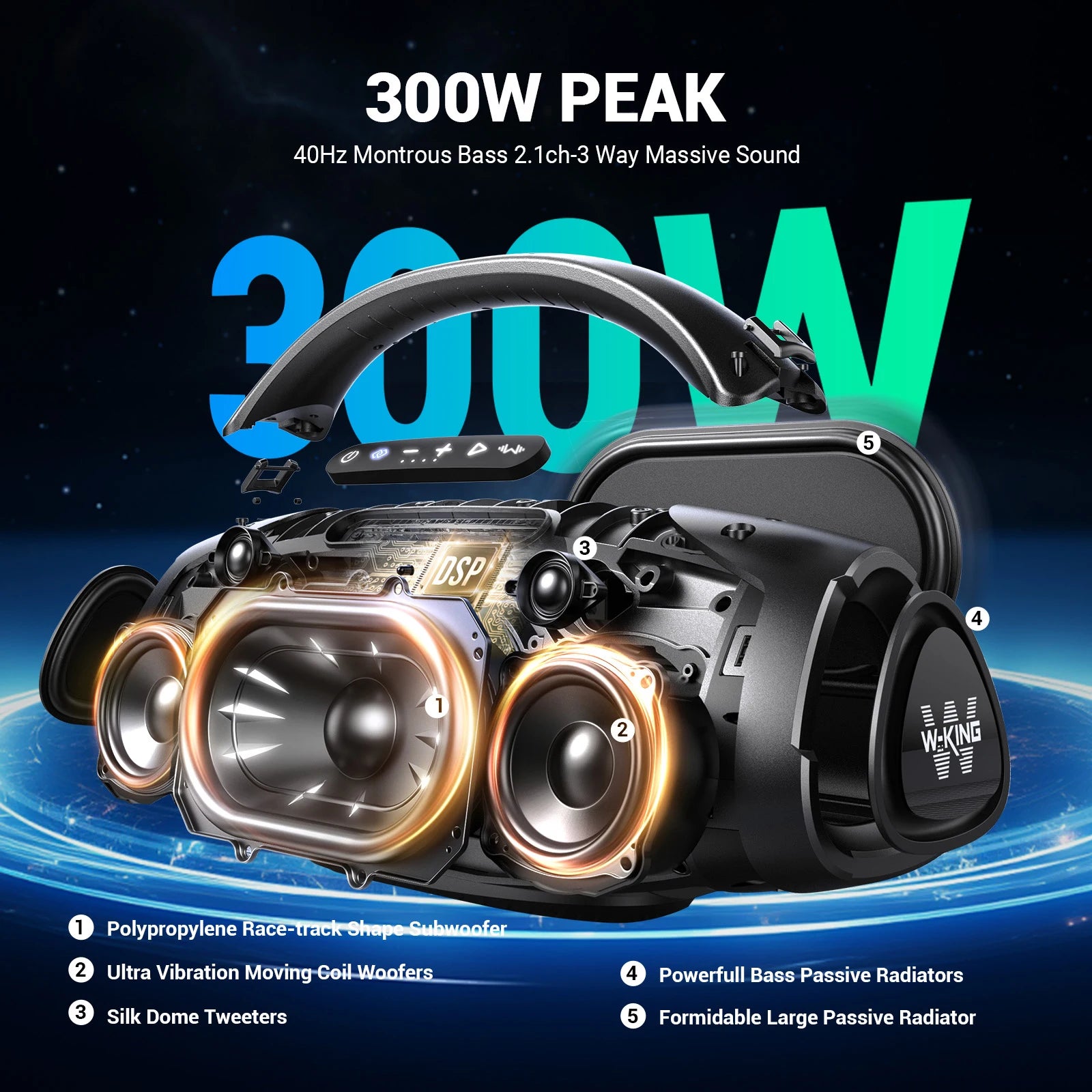 W-KING X20 200W RMS Portable Bluetooth Speakers, Massive Bass Party Boombox IPX7 Waterproof Speaker Large, Loud Outdoor Speaker