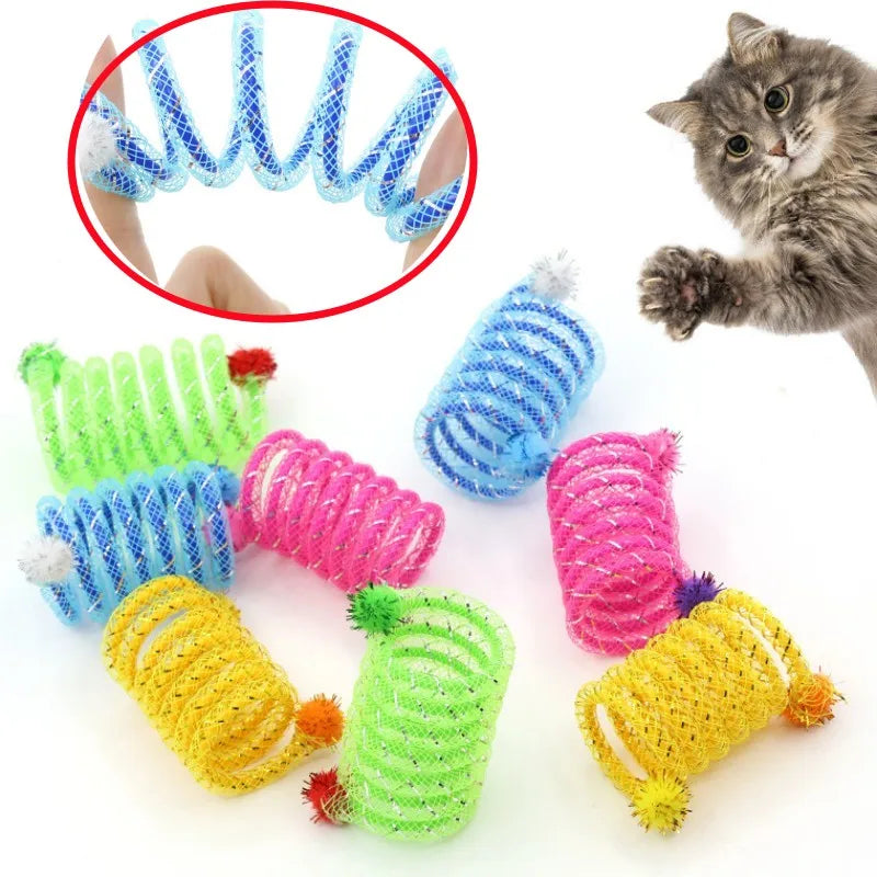Flexible Spring Mesh Cat Toy with Pom Pom Balls, Colorful Bendable Coil Tube Interactive Kitten Play Toy