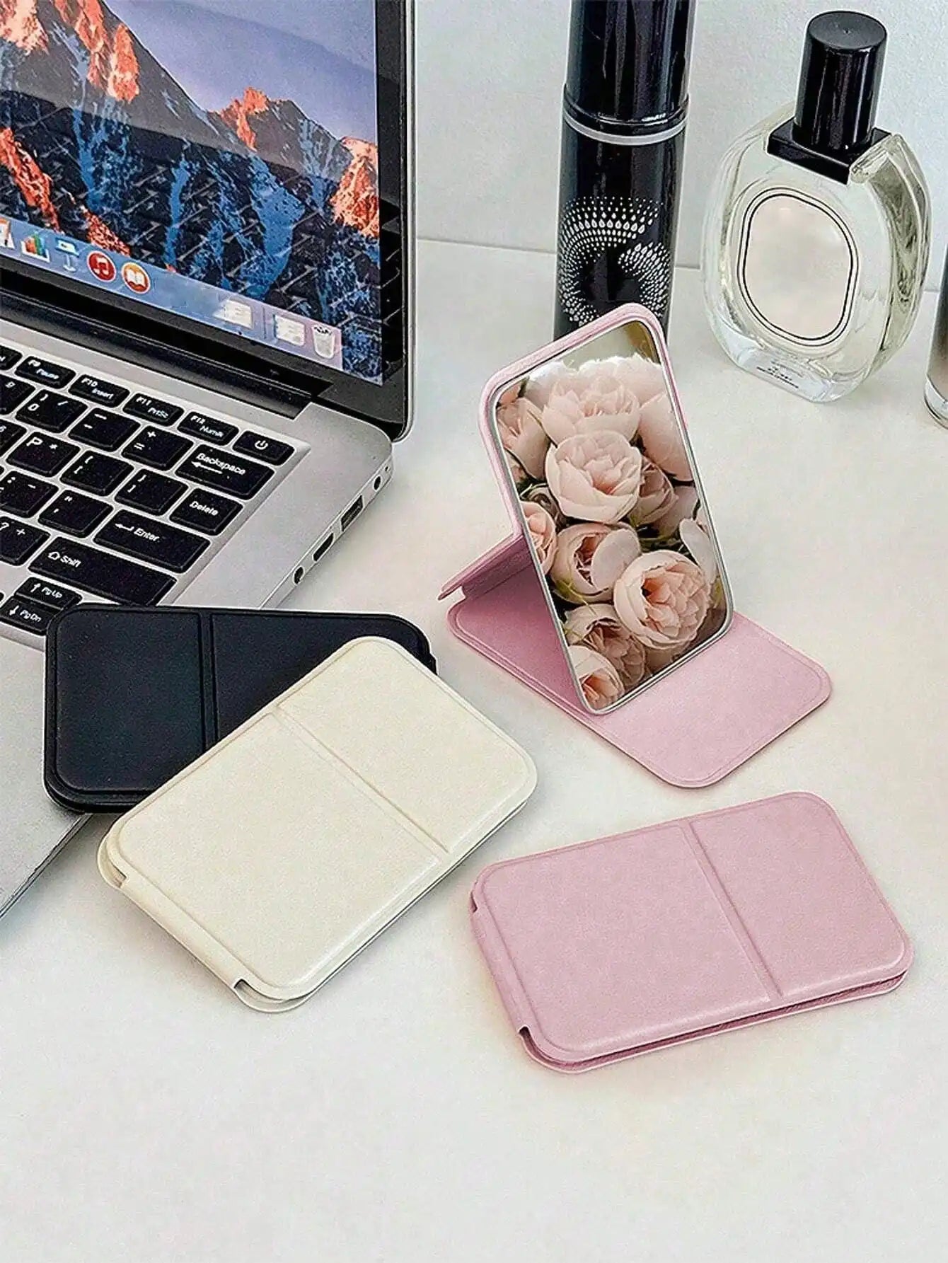 SHEIN 1pc Portable Makeup Mirror, Pu Leather Small Mirror, Foldable