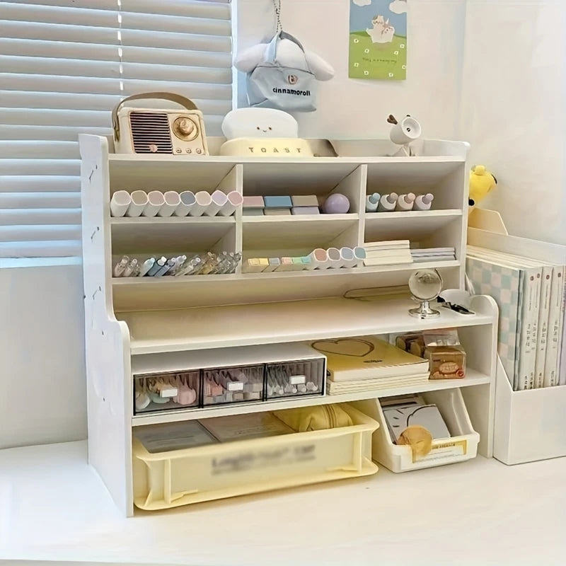 1PC 2-Tier Desk Organizer & Drawer Storage|With Tilt Pen Holder, Raised Bookshelf |Matte White PVC For Stationery, Cosmetics, O