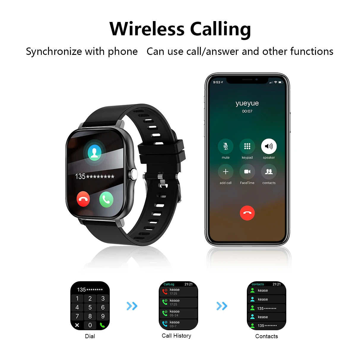 Smart Watch Wireless Calling/Dial Sport Mode Calling Reminder and Rejection Fitness Monitoring for IPhone/Android
