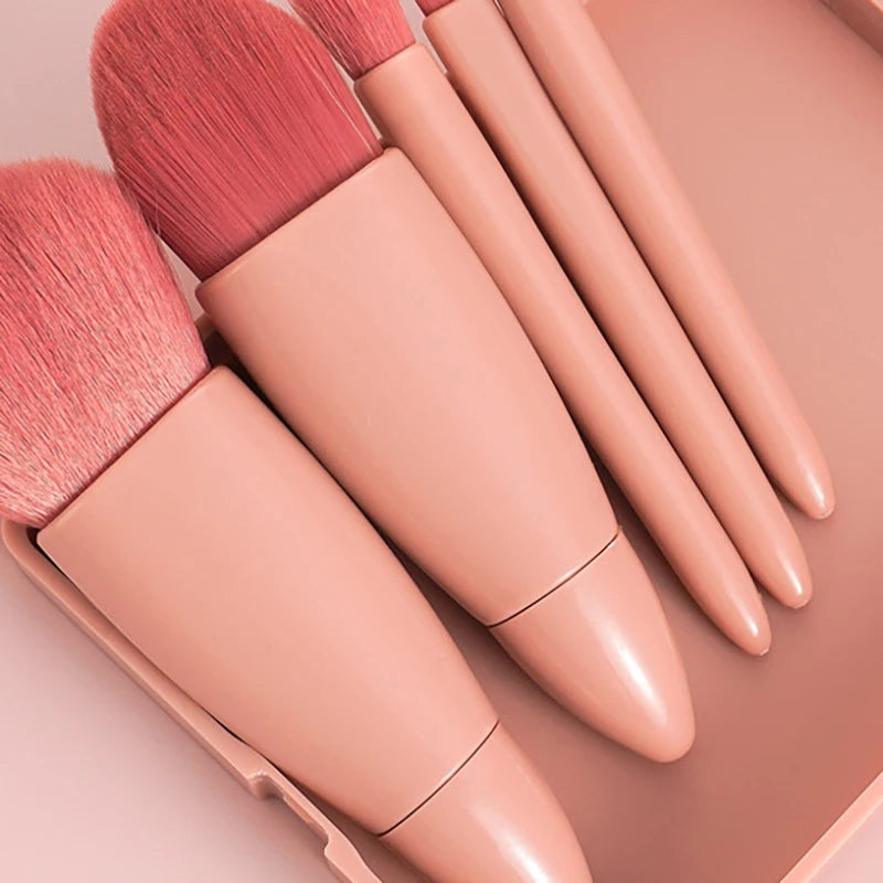 【SSummer10】5Pcs Travel Mini Makeup Brushes Set with Case Mirror - Small Complete Function Cosmetic Kit【SS】
