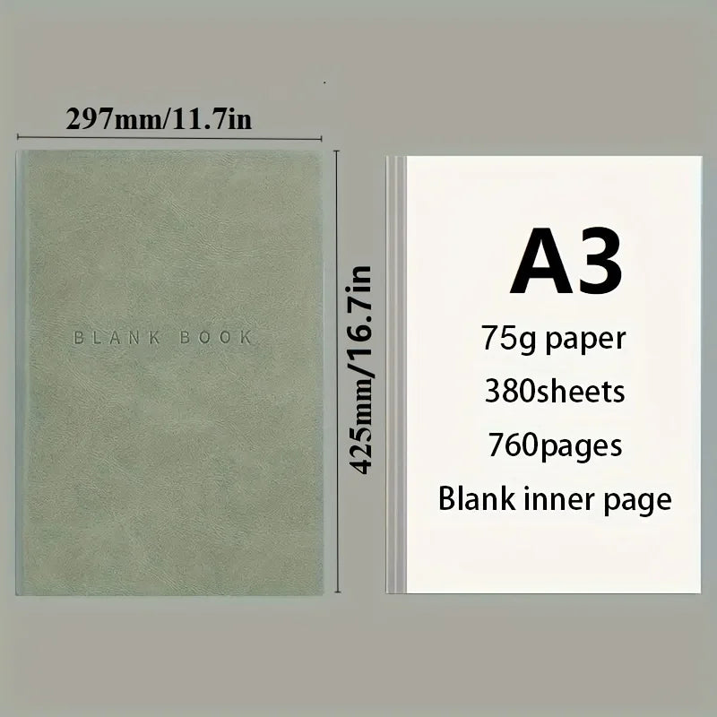 A3 Sketchbook 760 Pages Blank, Soft PU Leather Cover Notebook for Drawing, Sketching, Diary | Large Sketch Pad Eye-Safe Paper