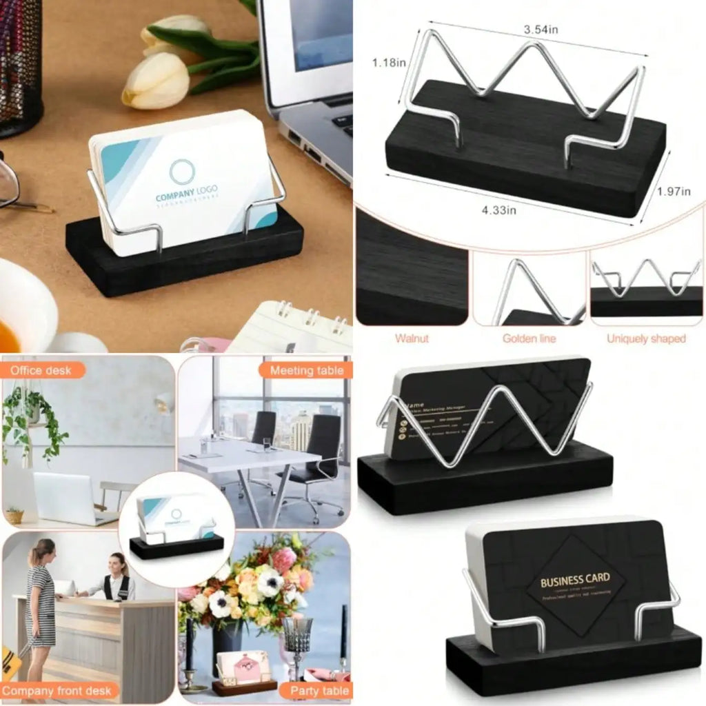 2 Pieces Wood Business Card Holder For Desk Wooden Business Card Display Stand Postcard Holder For Office Home Desktop Black, Silver