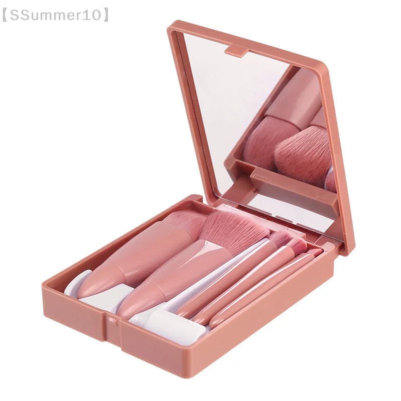【SSummer10】5Pcs Travel Mini Makeup Brushes Set with Case Mirror - Small Complete Function Cosmetic Kit【SS】