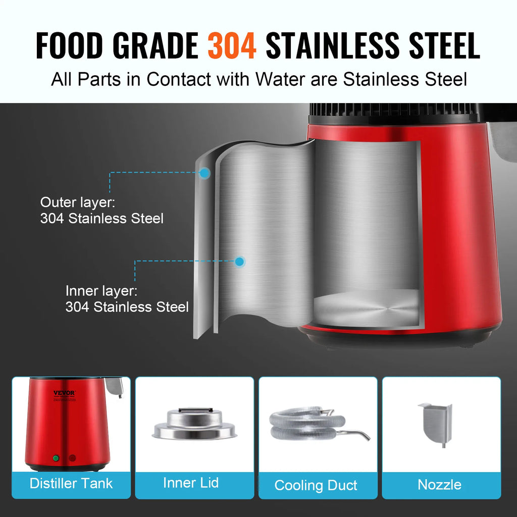 SucceBuy Water Distiller 4L 1.05 Gallon Pure Water Purifier Filter For Home Countertop750W Distilled Water Maker Stainless Steel
