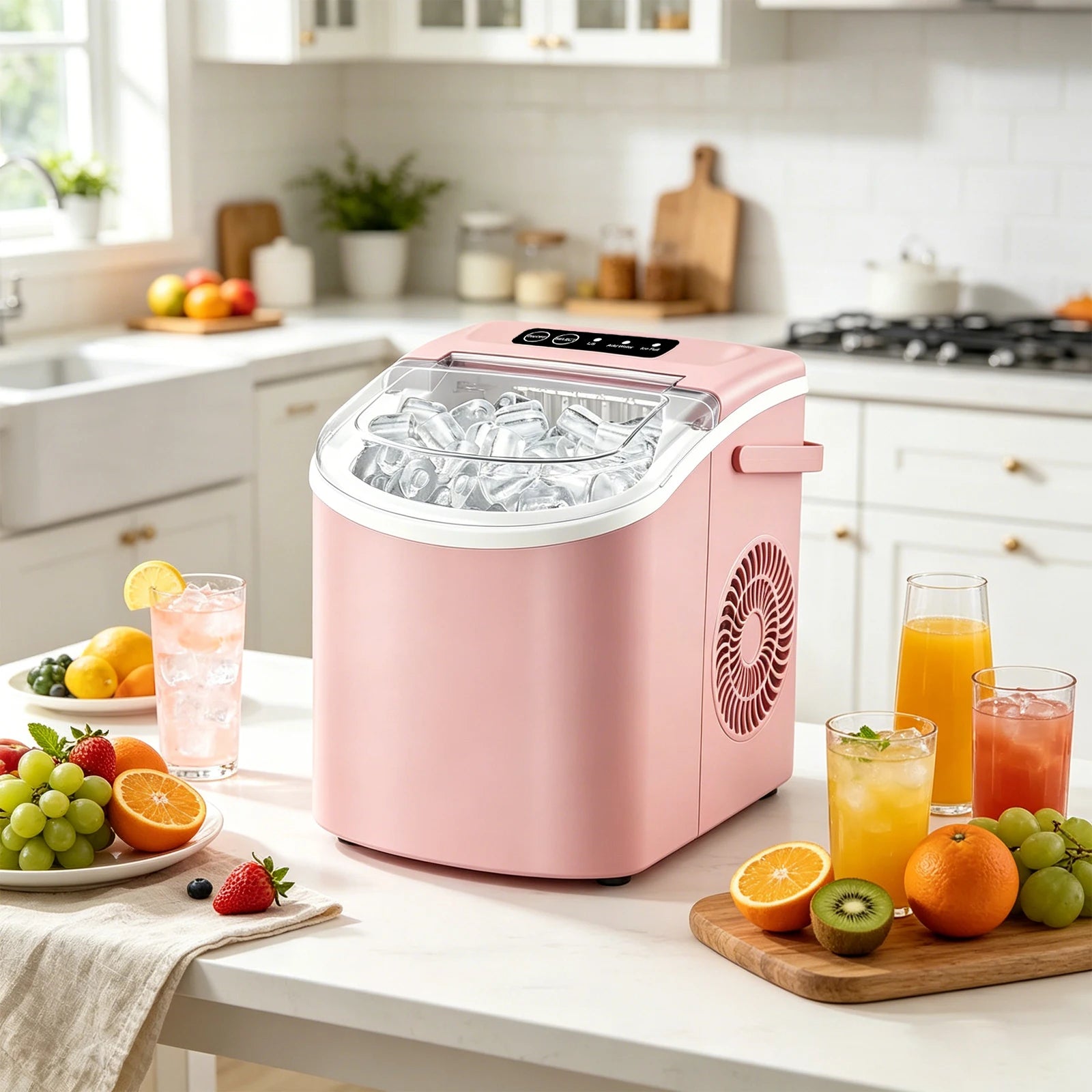 Portable countertop ice maker with a handle, produces 29 pounds of ice in 24 hours and 9 ice cubes in 6 minutes; comes with a ba