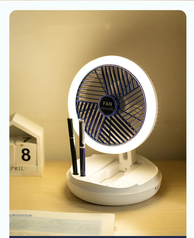 USB Charging Foldable Table Fan Wall Mounted Hanging Ceiling Fan with LED Light 4 Speed Adjustable For Home Room Air Cooler Fan