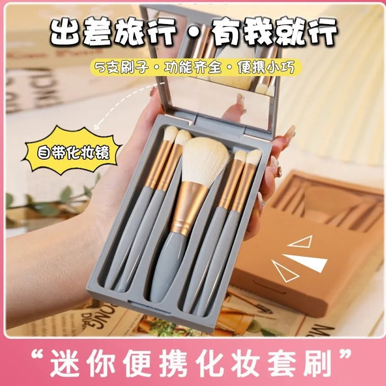 2024 New 5 pieces mirror box with skylight powder brush concealer blush super soft brush boxed mini portable makeup