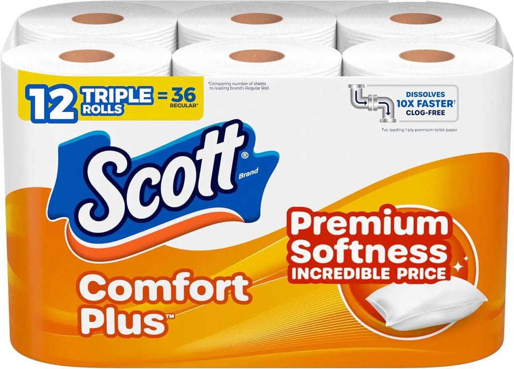 ComfortPlus Toilet Paper, 12 Triple Rolls, 231 Sheets per Roll, Septic-Safe, 1-Ply Tissue for Home Use