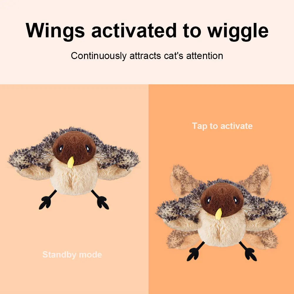 Interactive Cat Toys Flying Bird Cat Toy Flapping Wings Sparrow Catnip Toy Electric Squeaky Simulation Bird Plush Toy for Cats