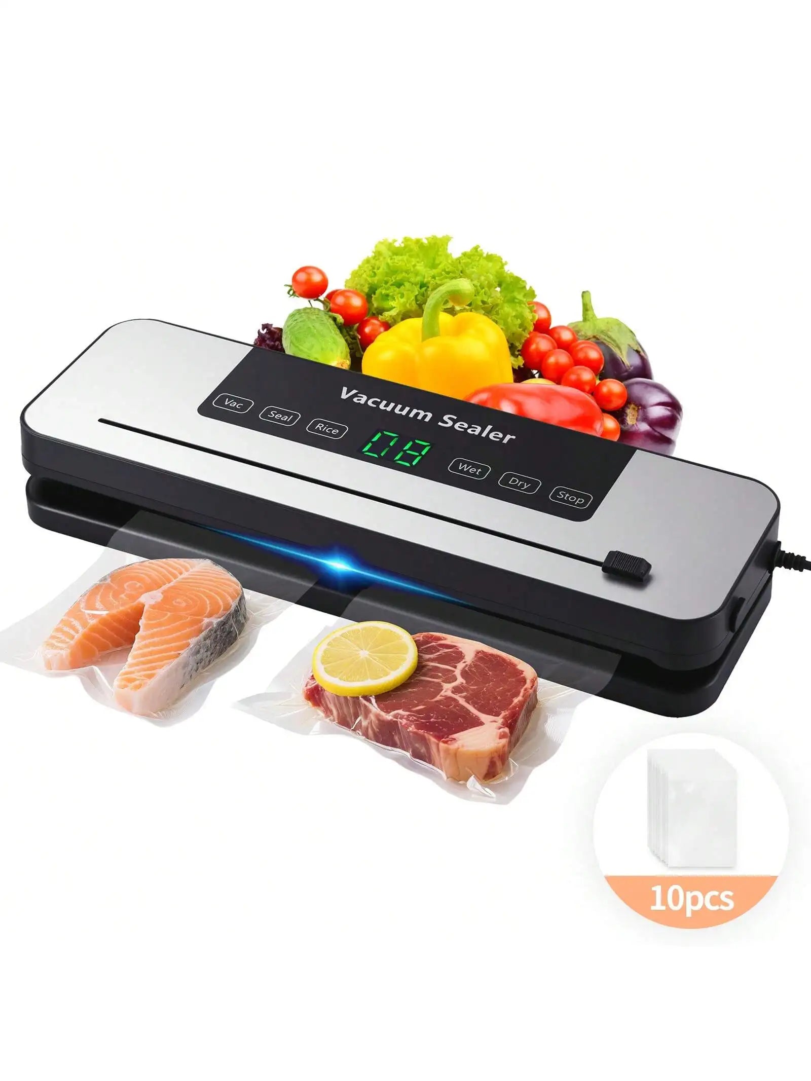 Powerful Vacuum Sealer Machine | Compact Design | One-Touch Automatic | Seal In 10-20 Seconds | Dry, Moist, Wet, And Cold Modes | With 10 Vacuum Bags & Built-In Cutter (Grey)