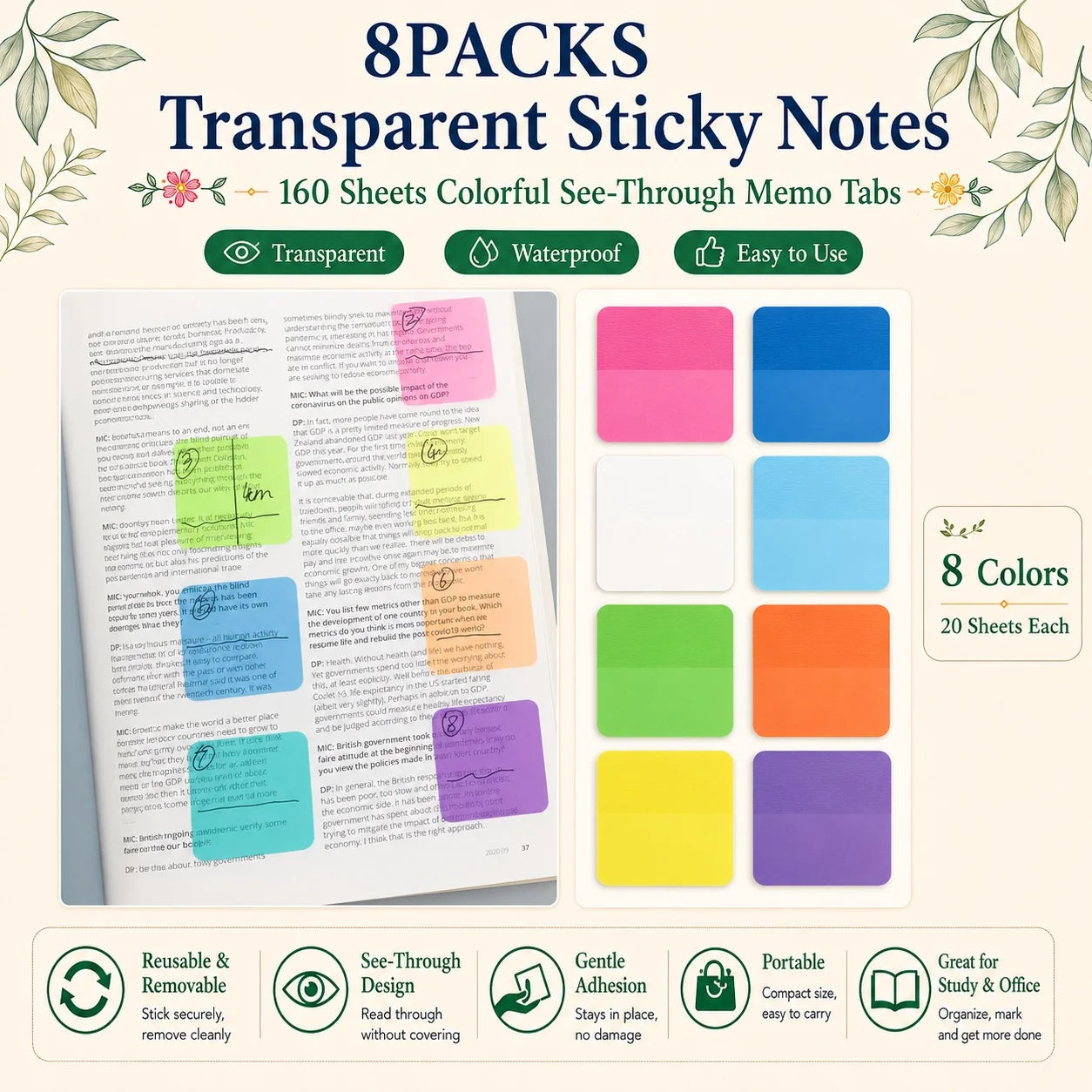 8 Colors 160 Sheets Semi-Transparent Sticky Notes,Clear Removable Self-Stick Notes for and Note-Taking,Aesthetic Index Labels
