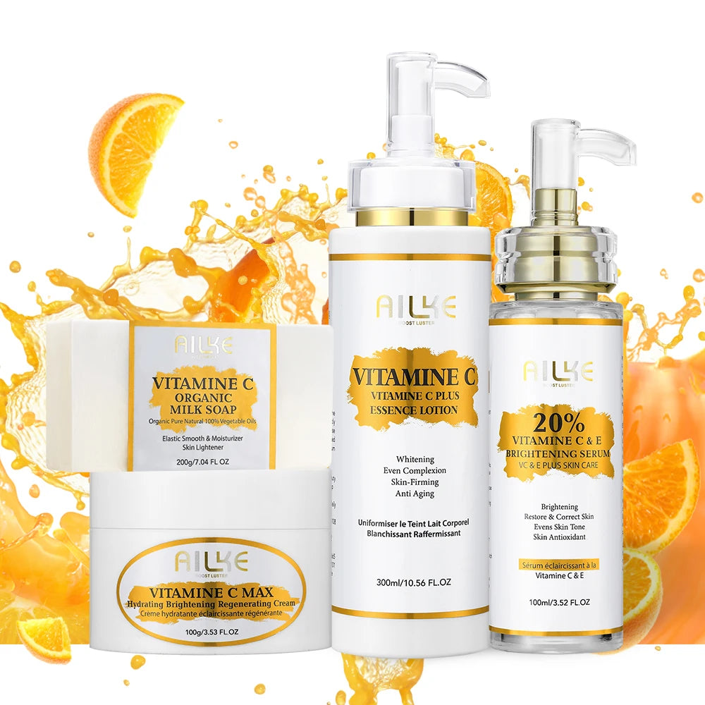AILKE Vitamin C Set, Reduce Dark Spots, with Lightening Body Lotion, Even Tone Face Cream, Whitening Serum, Brightening Soap