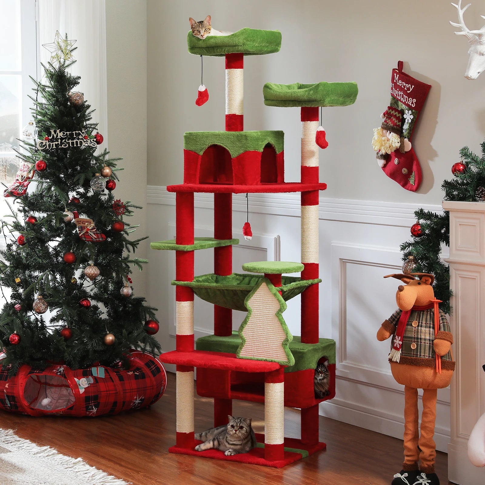 Christmas Cat Tree with Sisal Scratching Posts Spacious Condo Hammock Tall Large Cat Tower for Indoor Cat House Bed Cat Toys