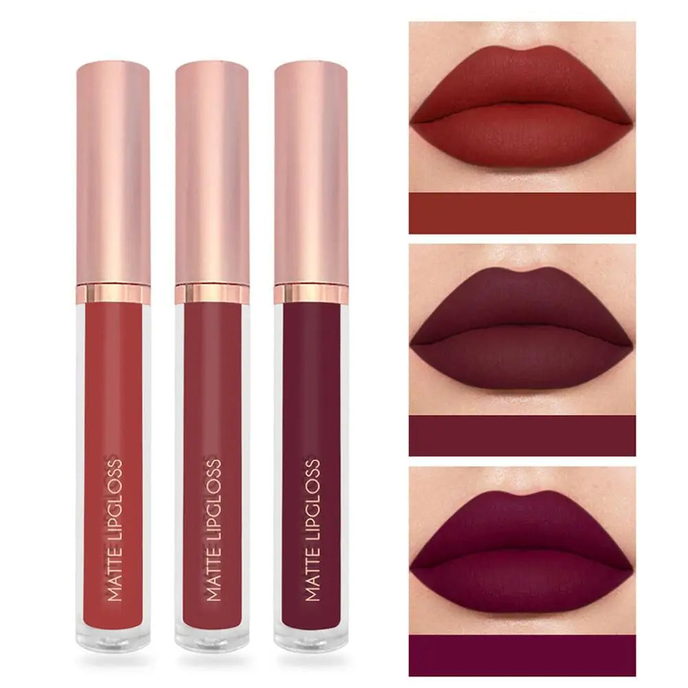 3pcs/set Nude Lip Gloss Matte Velvet Lipstick Waterproof Long-lasting Liquid Lipstick Women Moist Lip Tint Non-Stick