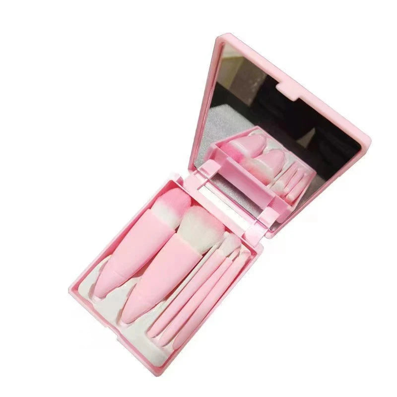 【SSummer10】5Pcs Travel Mini Makeup Brushes Set with Case Mirror - Small Complete Function Cosmetic Kit【SS】