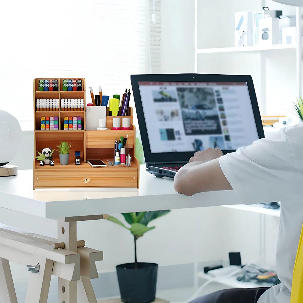 Simple Wooden Pen Holder Storage Box Student Stationery Storage Shelf With Drawer Suitable for Multi Scene Study Rooms Offices