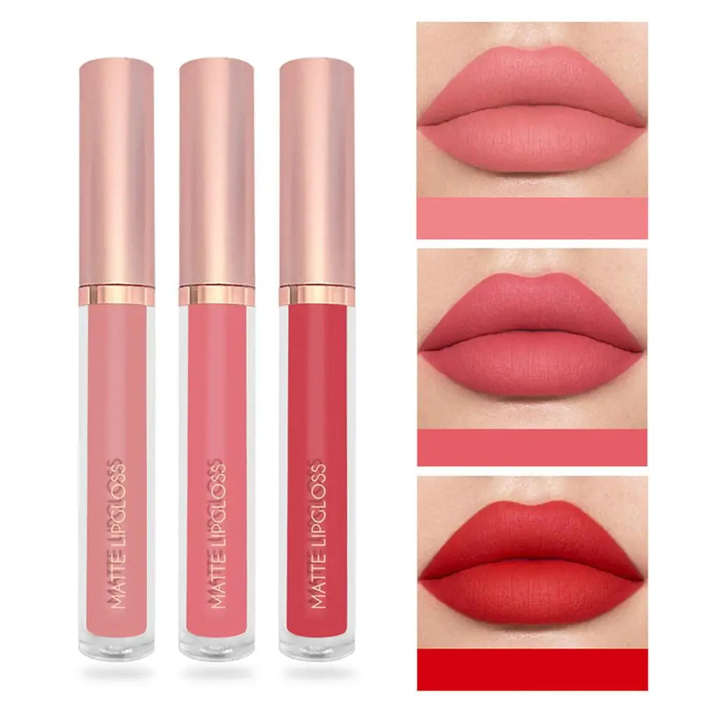 3pcs/set Nude Lip Gloss Matte Velvet Lipstick Waterproof Long-lasting Liquid Lipstick Women Moist Lip Tint Non-Stick