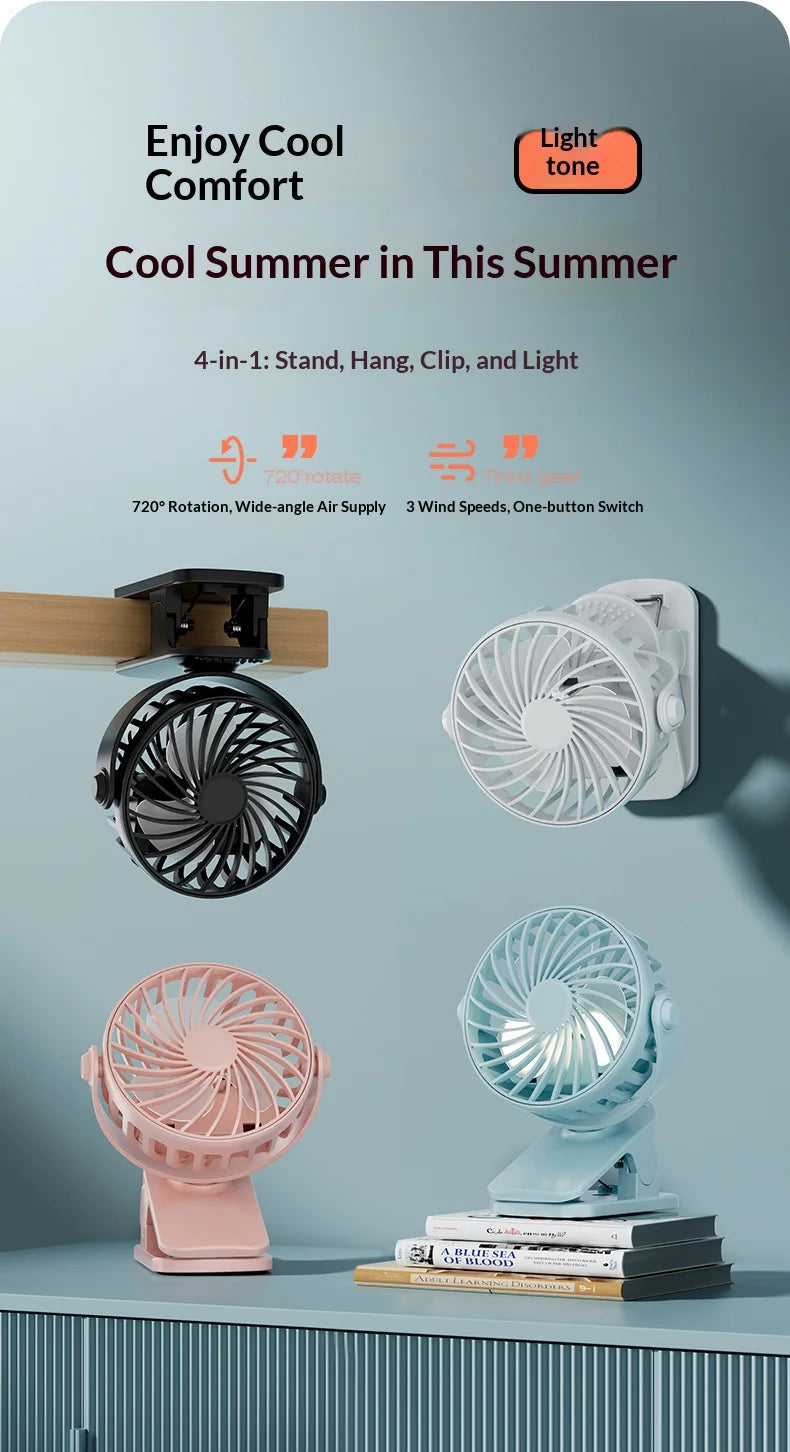 HOMEFISH Portable Rechargeable Clip Fan 720° Rotatable Hanging Fan with Night Light Air Cooler for Outdoor Camping Ventilador