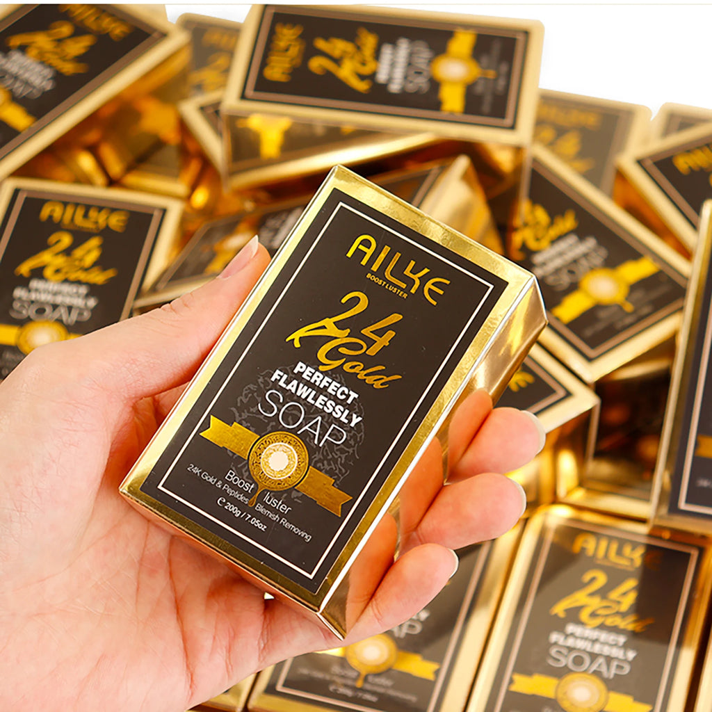 AILKE 24K Gold Foil Whitening Soap, Brightening, Even Skin Tone, Improve Skin Elasticity, Deeply Cleaning, Remove Spots, 200g