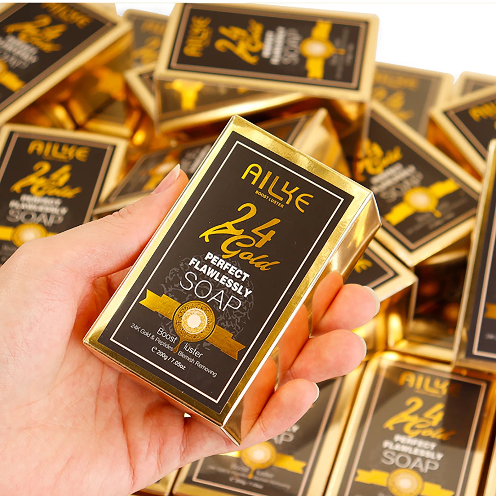 AILKE 24K Gold Foil Whitening Soap, Brightening, Even Skin Tone, Improve Skin Elasticity, Deeply Cleaning, Remove Spots, 200g