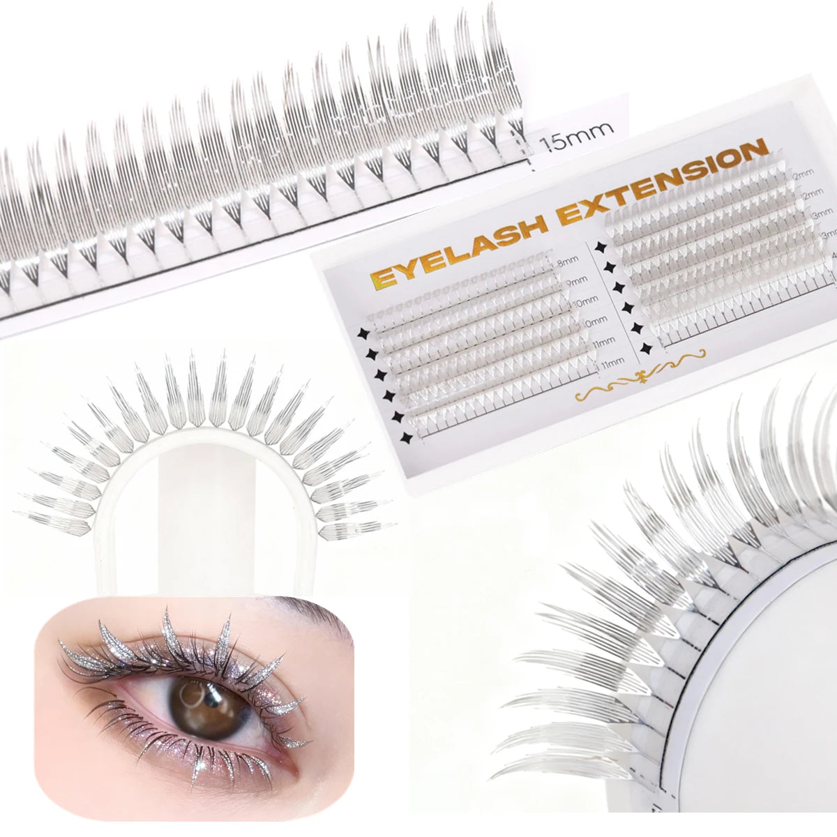 AGUUD Holographic Aurora Color Spire Eyelash Glitter Tinsel Anime Premade Fan Dual Side Color Comic Lash for Christmas Cosplay