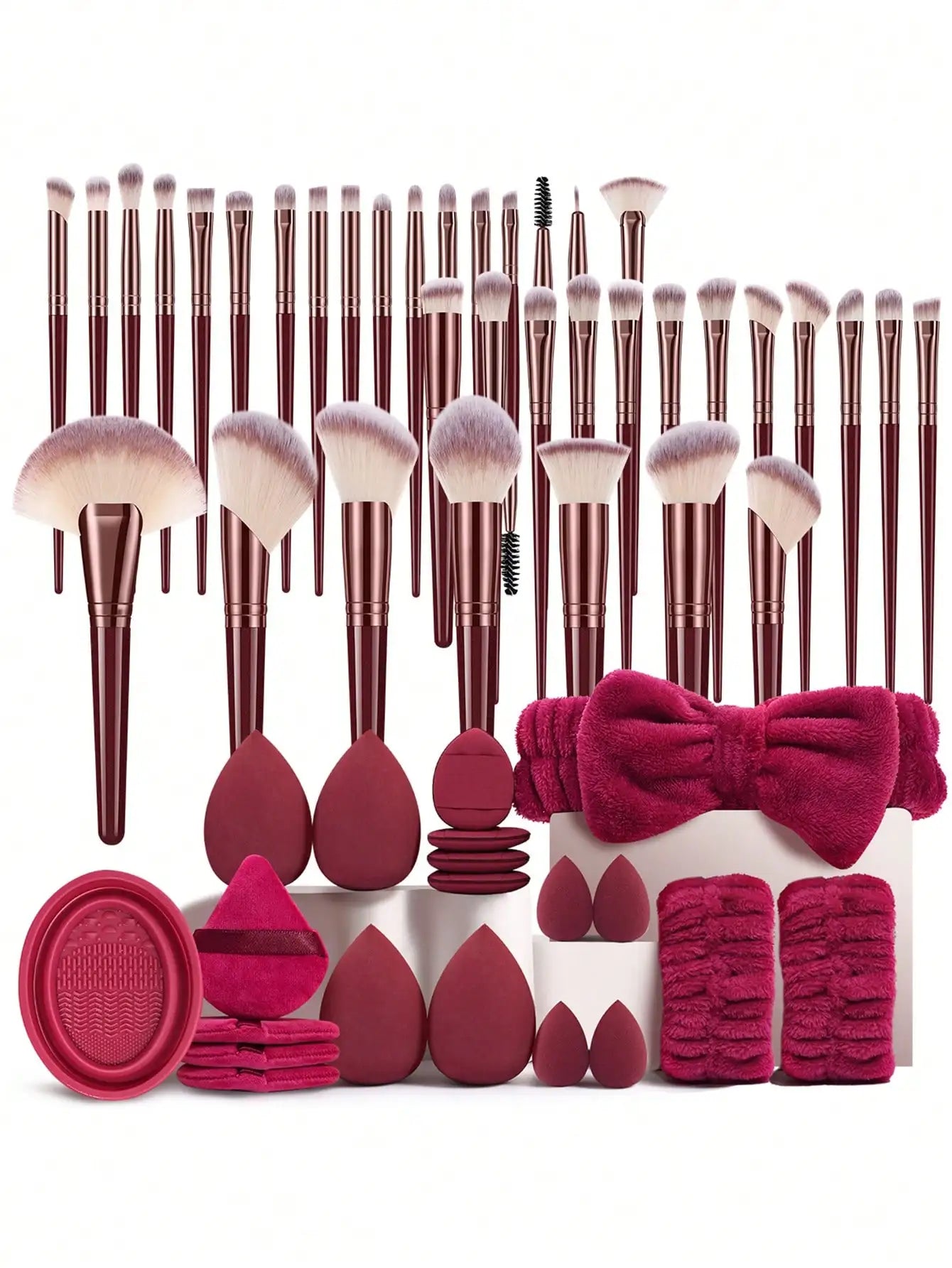 56 PCS Makeup Tools Set Including:36PCS Makeup Brush Set+1pc Makeup Brush Cleaning Tools+4PCS Triangle Powder Puffs+4PCS Makeup Sponges+4PCS Mini Air Cushion Powder Puffs+4PCS Mini Makeup Sponges+2PCS Hand Bowl Strap+1pc Hair