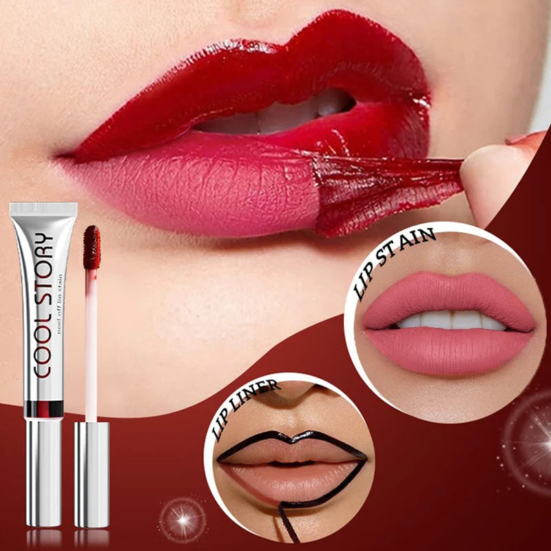 2 in 1 Lip Stain & Lipliner Matte Peel Off Lip Glaze Lipstick Quick Drying Lasting Non Stick Cup Lipliner Red Lip Gloss Makeup