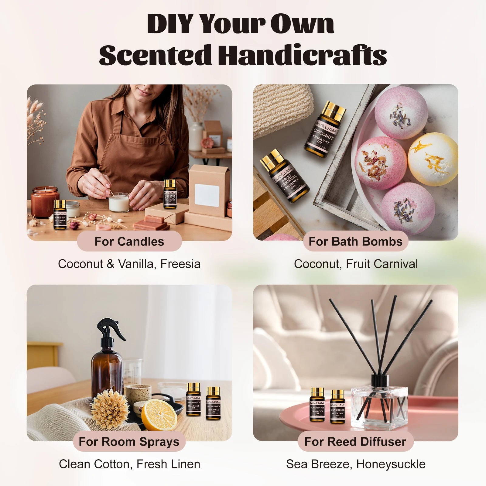 MAYJAM Fragrance Oils Kit 20pcs/set Coconut & Vanilla White Musk Watermelon Strawberry Oil for Humidifier Diffuser Candle Making