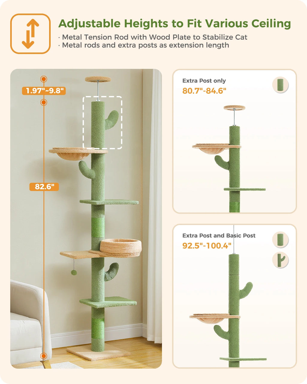Adjustable Height Cactus Cat Tree for Indoor Cats Floor to Ceiling Cat Tower with Scratching Post Cozy Hammock Dangling Balls