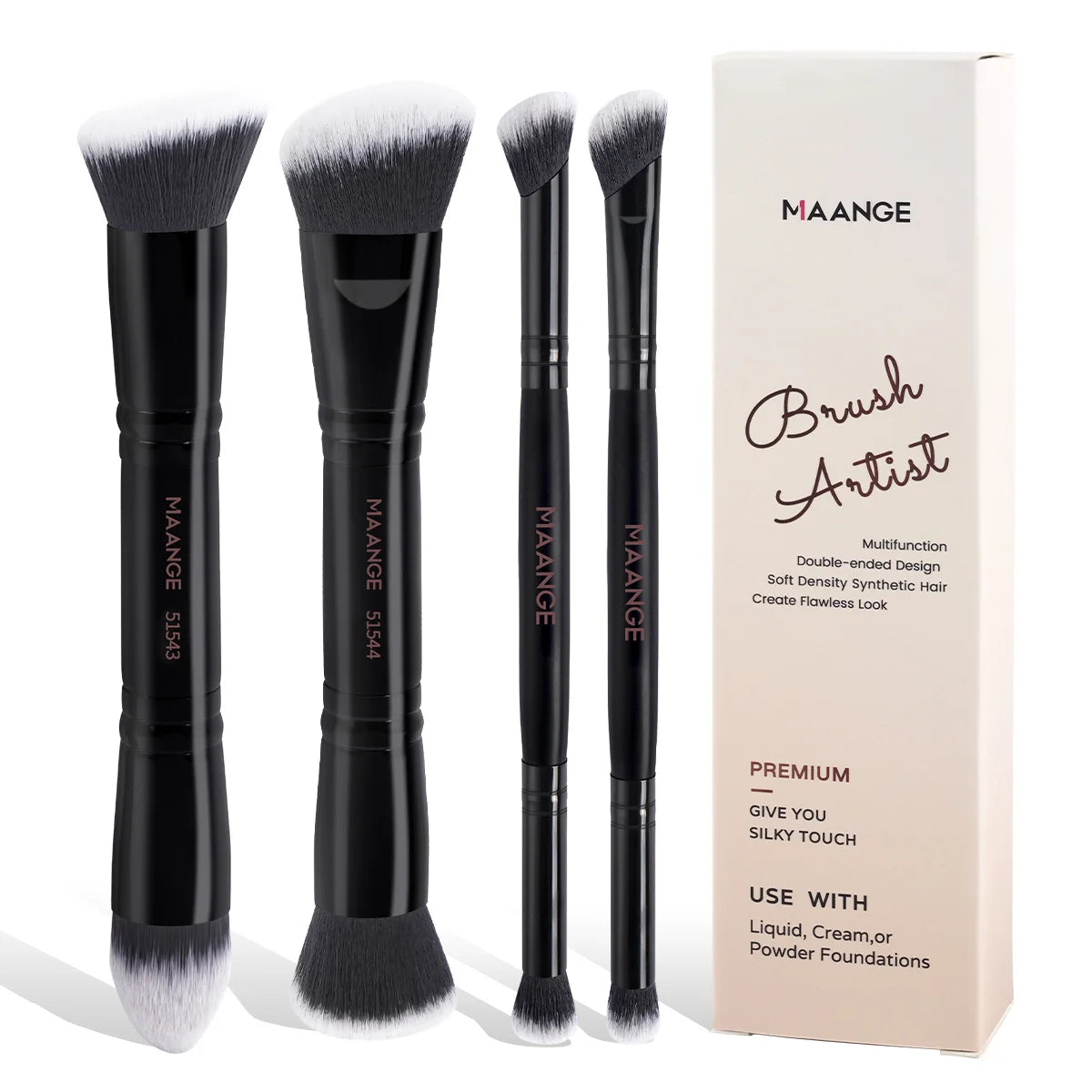 MAANGE 4pcs Dual-ended Basic Makeup Brushes Set with Foundation Powder Blush Details for Eyeshadow Brushes Beginner Travel Tools