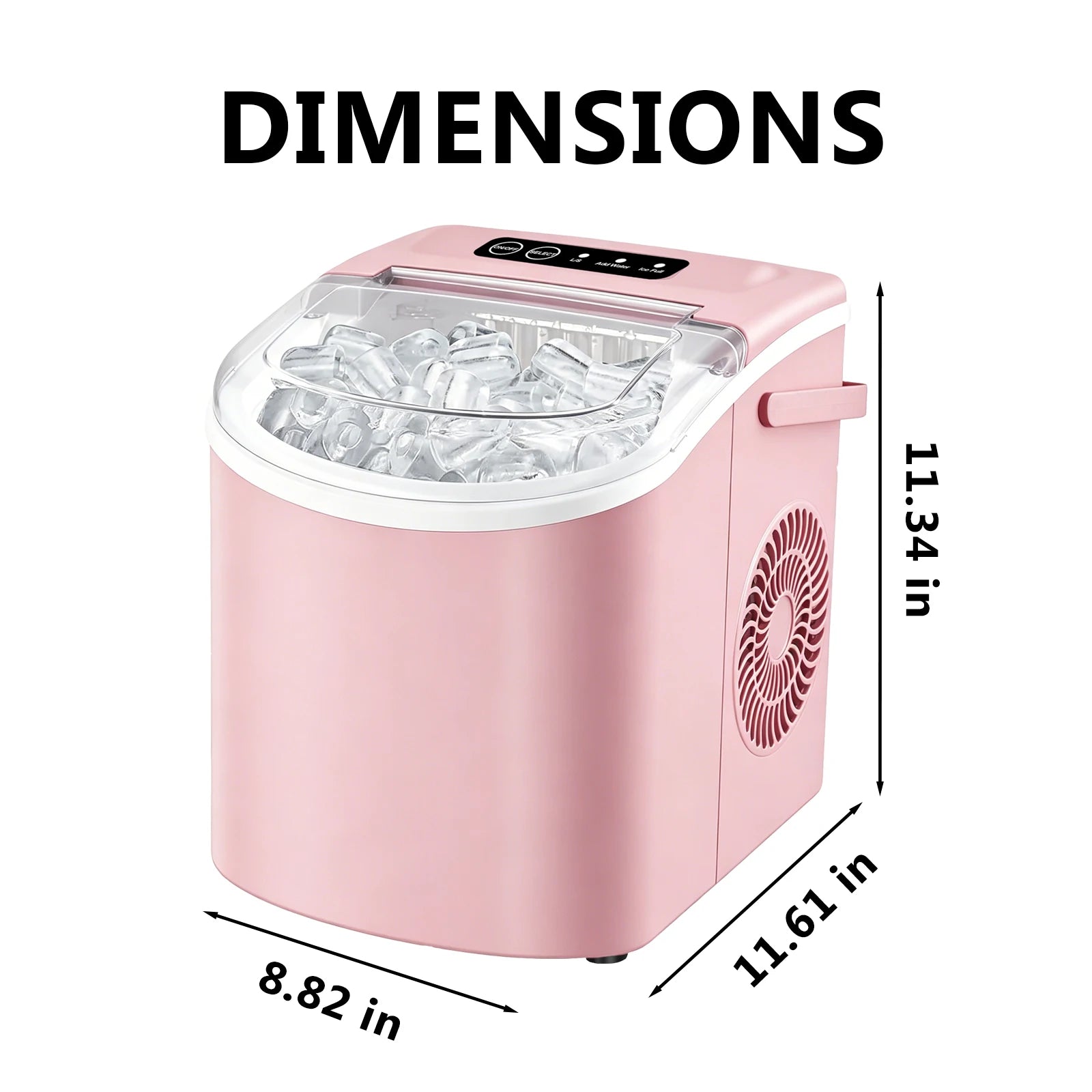Portable countertop ice maker with a handle, produces 29 pounds of ice in 24 hours and 9 ice cubes in 6 minutes; comes with a ba