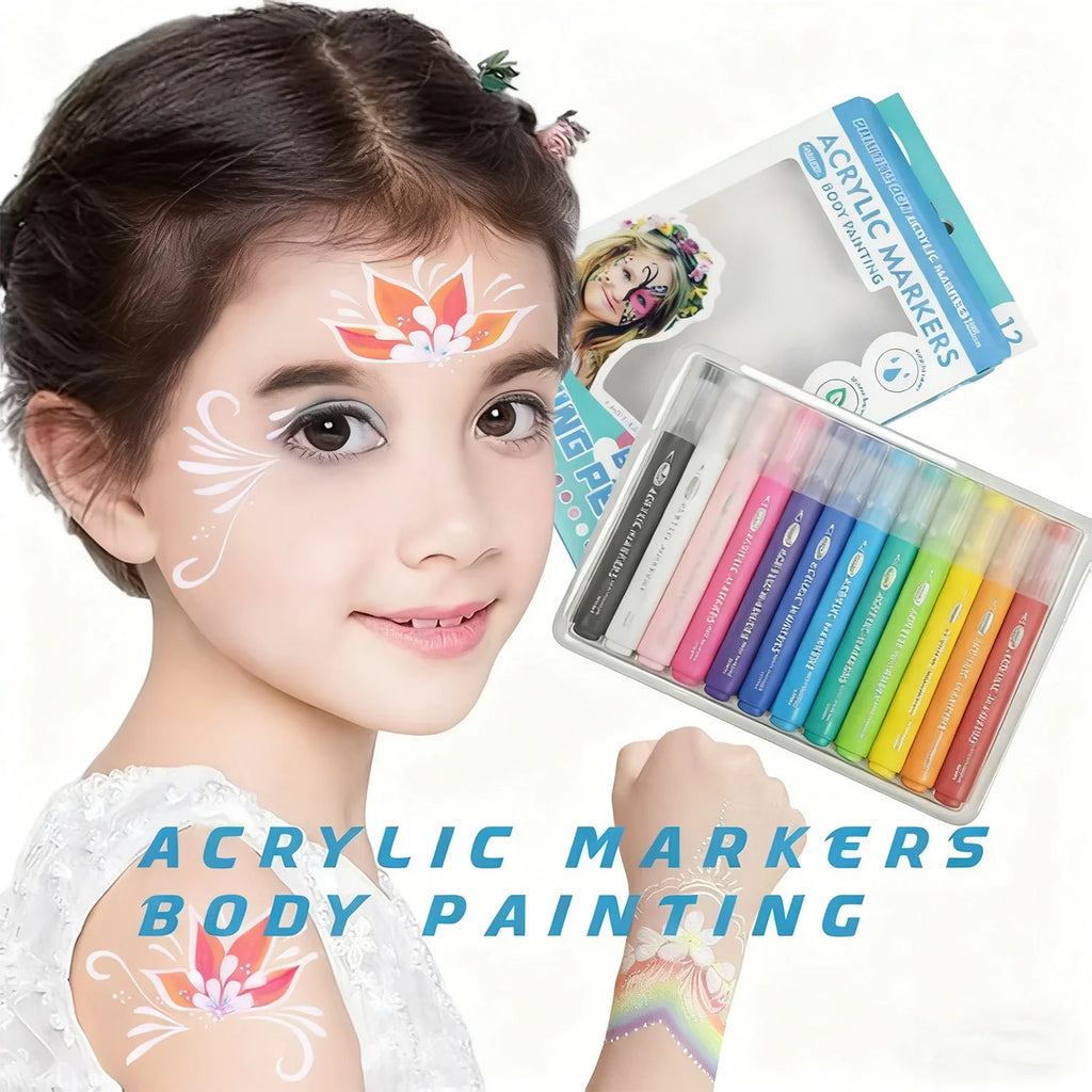12 PCS Face Painting Markers Water Resistant, Sweatproof, Waterproof Tattoo Pen for Halloween Body Paint - Anti-Smudge for
