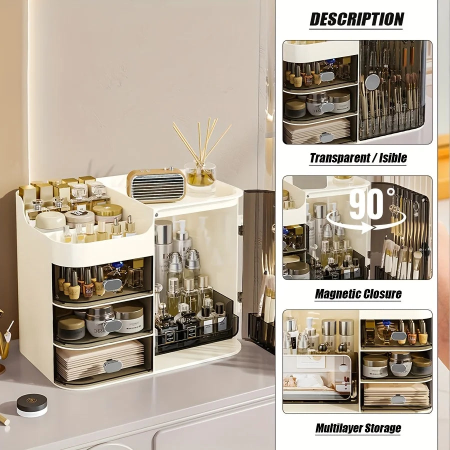 Beige Cosmetic Storage Box with 3 Drawers and Mirror High Capacity Makeup Organizer for Home and Bathroom