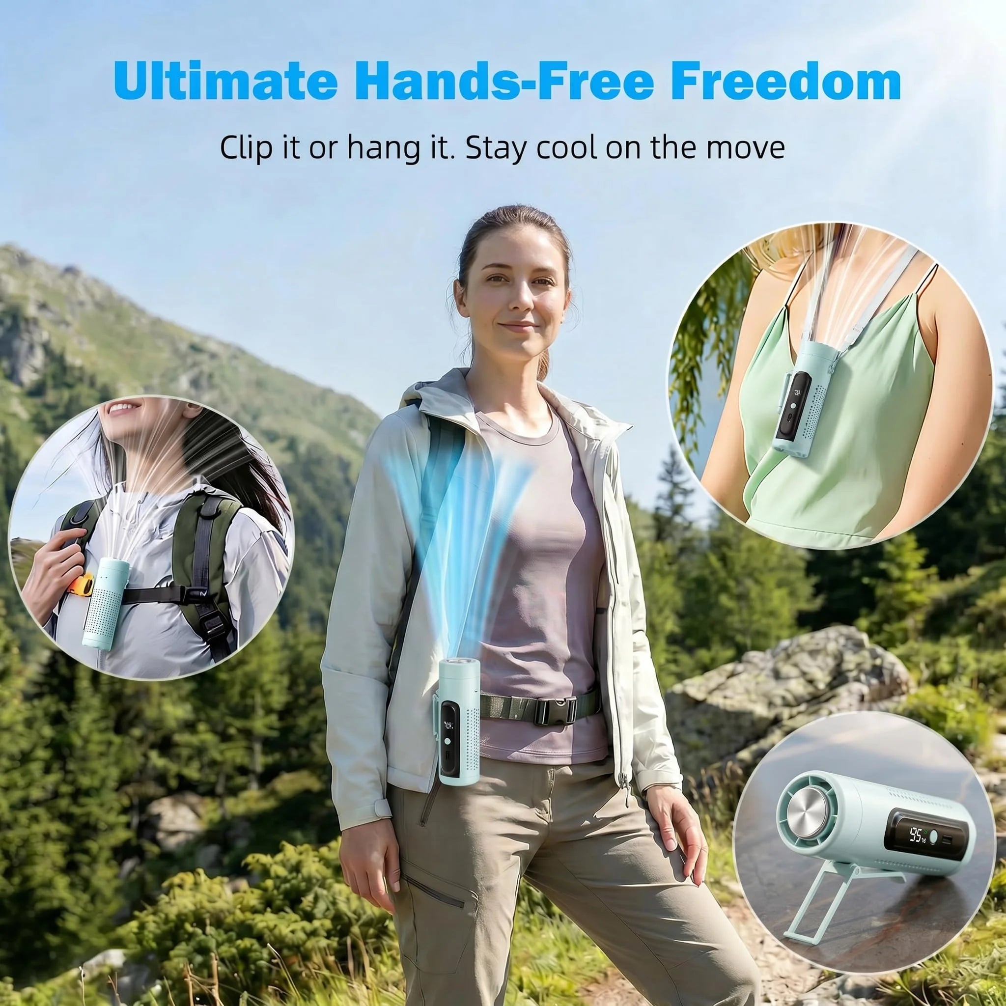 Portable Handheld Fan with Ice Cooling Plate, 3 in 1 Mini Personal Fan with Light & Clip, 5 Speed Rechargeable Fan with LED Display & Hidden Stand, Hands Free Camping Fan for Travel, Desk