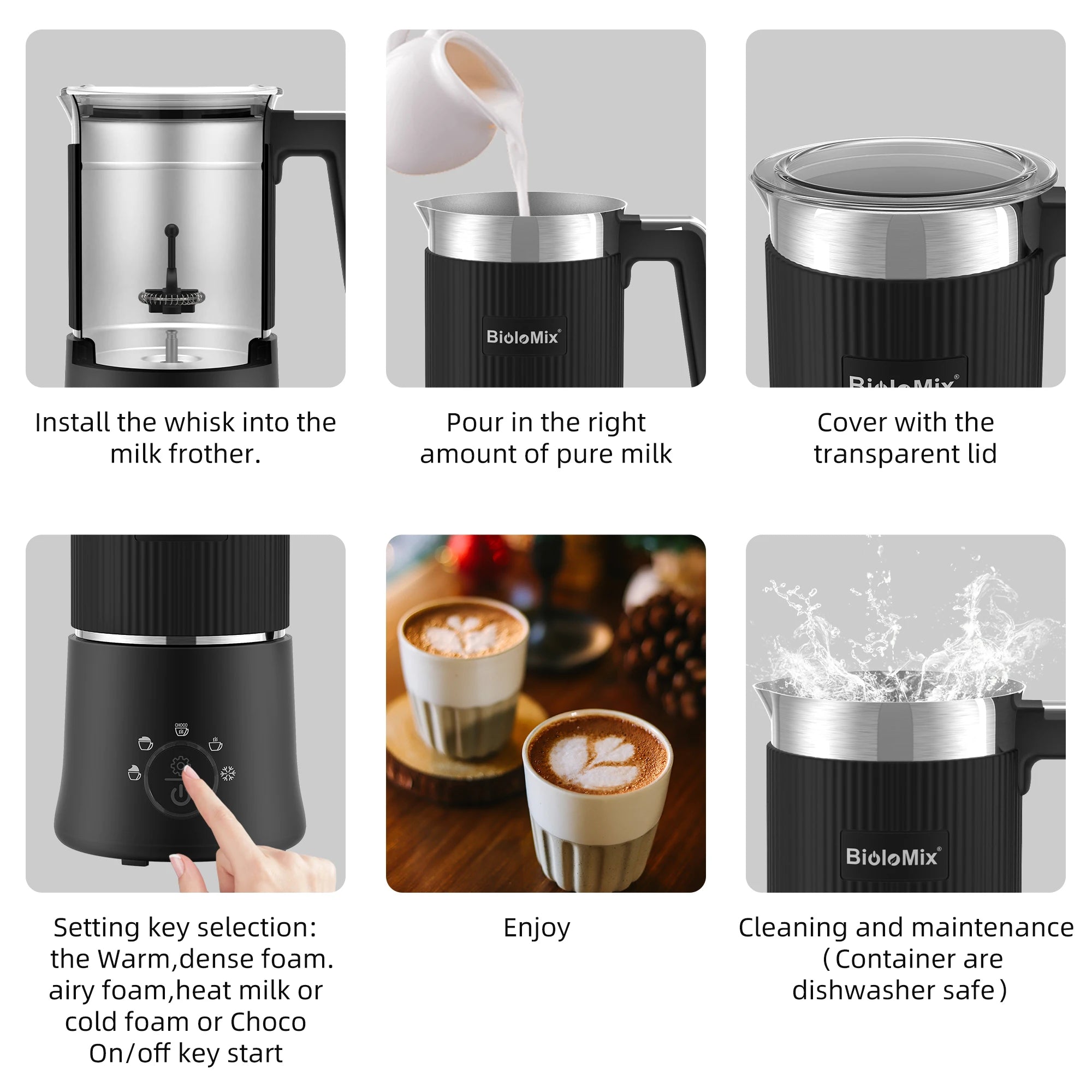 BioloMix 5-in-1 Detachable Milk Frother and Steamer，Automatic Hot/Cold Foam and Hot Chocolate Maker ,Dishwasher Safe
