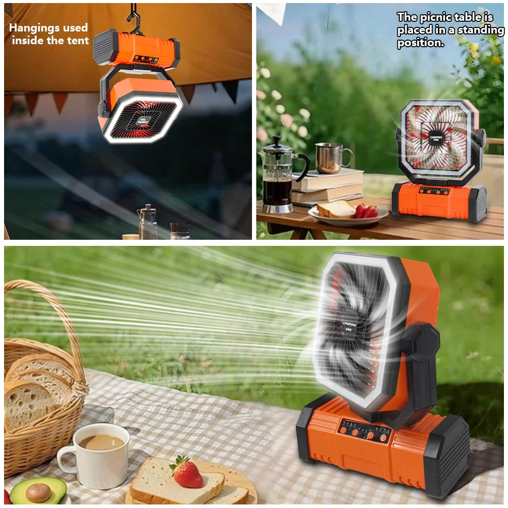 Outdoor Camping Fan 20000mAh Rechargeable Fan with LED Lantern & Remote for Fishing Travel, 4 Speeds 8H Timer, Hanging Hook Bluetooth Fan