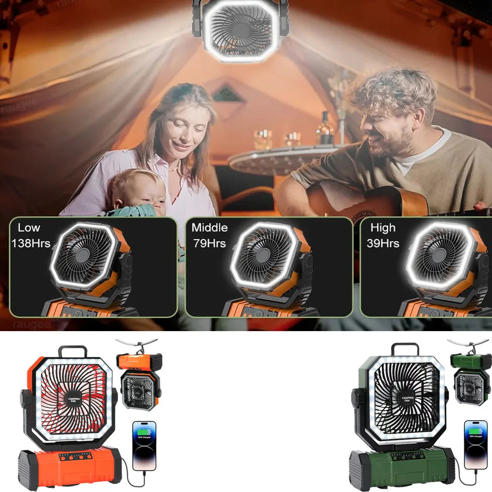 Outdoor Camping Fan 20000mAh Rechargeable Fan with LED Lantern & Remote for Fishing Travel, 4 Speeds 8H Timer, Hanging Hook Bluetooth Fan