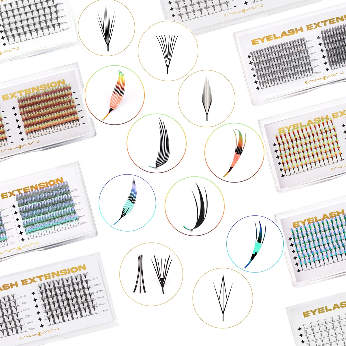 AGUUD Holographic Aurora Color Spire Eyelash Glitter Tinsel Anime Premade Fan Dual Side Color Comic Lash for Christmas Cosplay