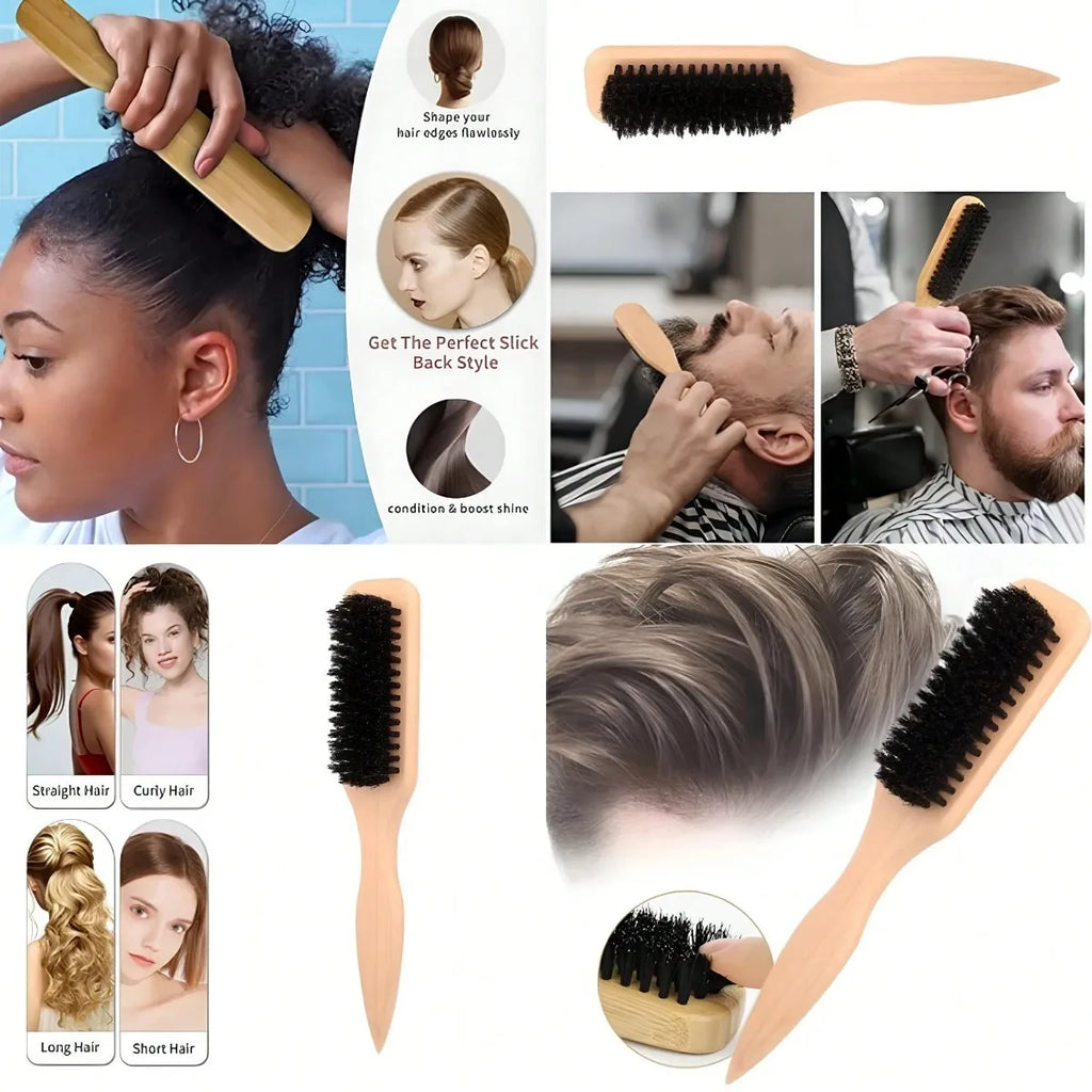 Natural Wild Boar Bristle Hair Styling Brush, Polished Solid Wood Handle Hair Comb, High Resilience Soft Bristle Edge Brush for Men Women Beard & Hair Finishing
