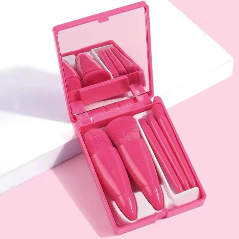 【SSummer10】5Pcs Travel Mini Makeup Brushes Set with Case Mirror - Small Complete Function Cosmetic Kit【SS】