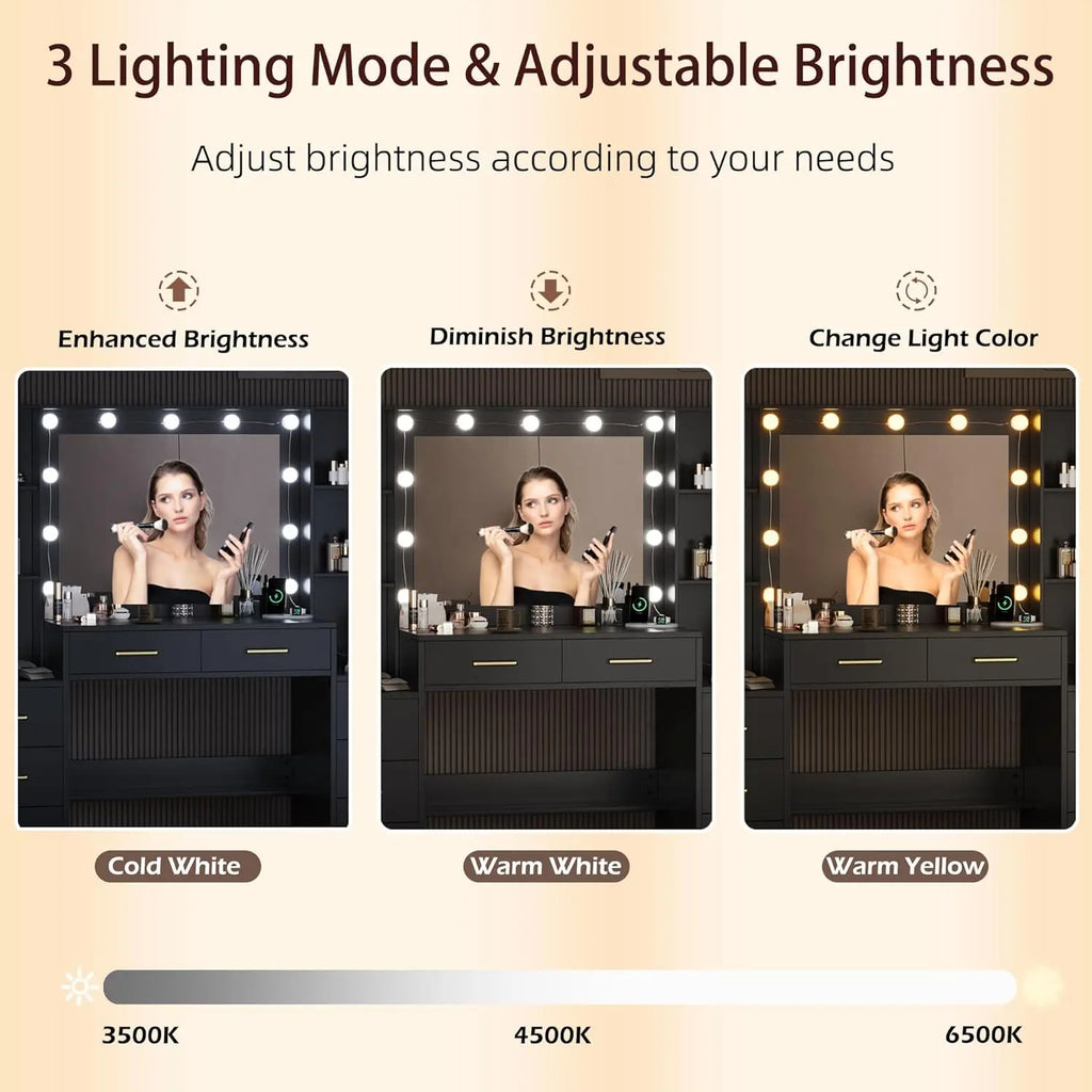 Black Vanity Desk with Mirror, Lights & Charging Station, 58.3" 3 Lighting Modes Makeup Desk with 8 Drawers, 2 Cabinets and Lots